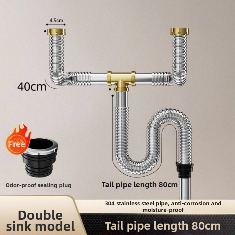 Комплект против миризма на кухненската мивка — 304 неръждаема стомана, система за дренаж за двойна мивка с филтър и водопроводни аксесоари
