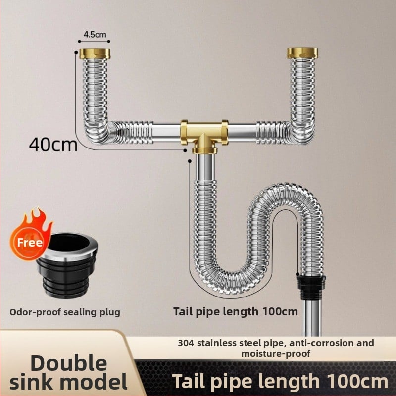 Комплект против миризма на кухненската мивка — 304 неръждаема стомана, система за дренаж за двойна мивка с филтър и водопроводни аксесоари