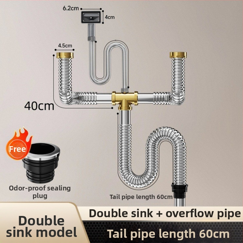 Комплект против миризма на кухненската мивка — 304 неръждаема стомана, система за дренаж за двойна мивка с филтър и водопроводни аксесоари