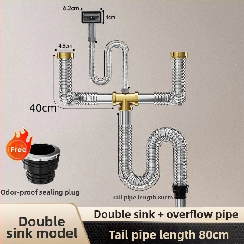 Комплект против миризма на кухненската мивка — 304 неръждаема стомана, система за дренаж за двойна мивка с филтър и водопроводни аксесоари