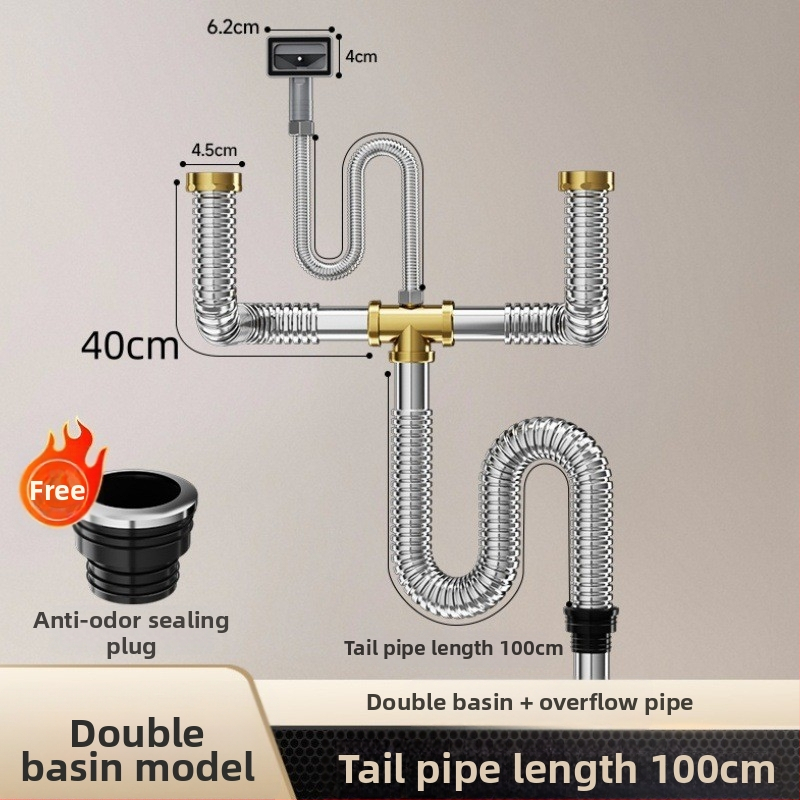 Комплект против миризма на кухненската мивка — 304 неръждаема стомана, система за дренаж за двойна мивка с филтър и водопроводни аксесоари