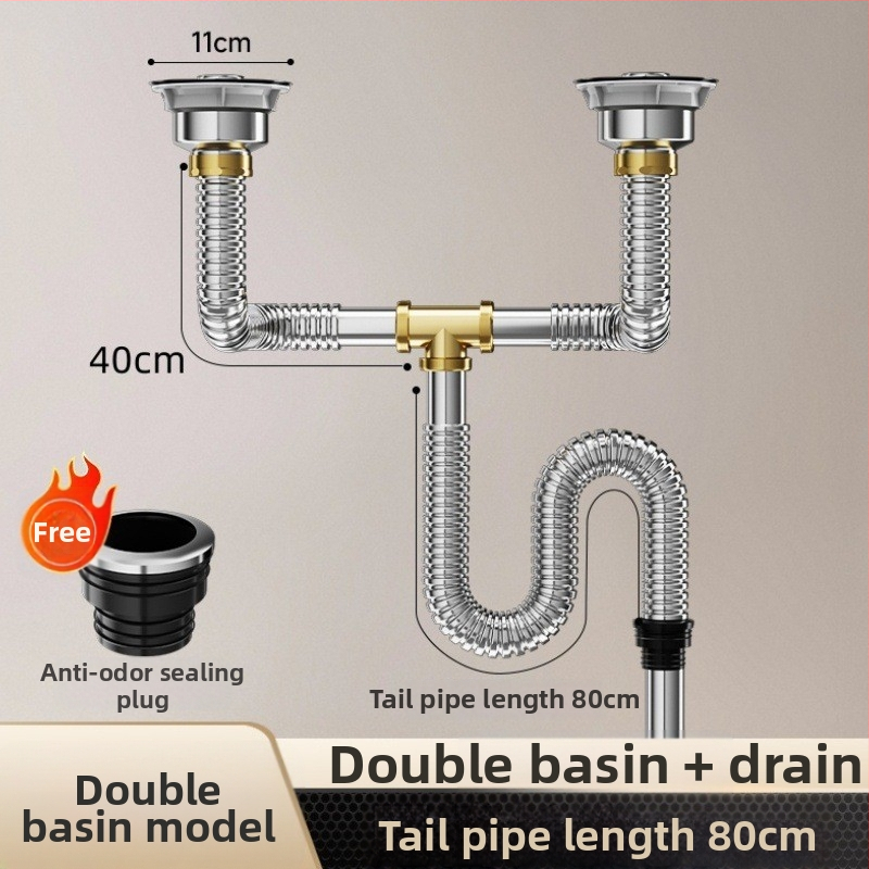 Комплект против миризма на кухненската мивка — 304 неръждаема стомана, система за дренаж за двойна мивка с филтър и водопроводни аксесоари