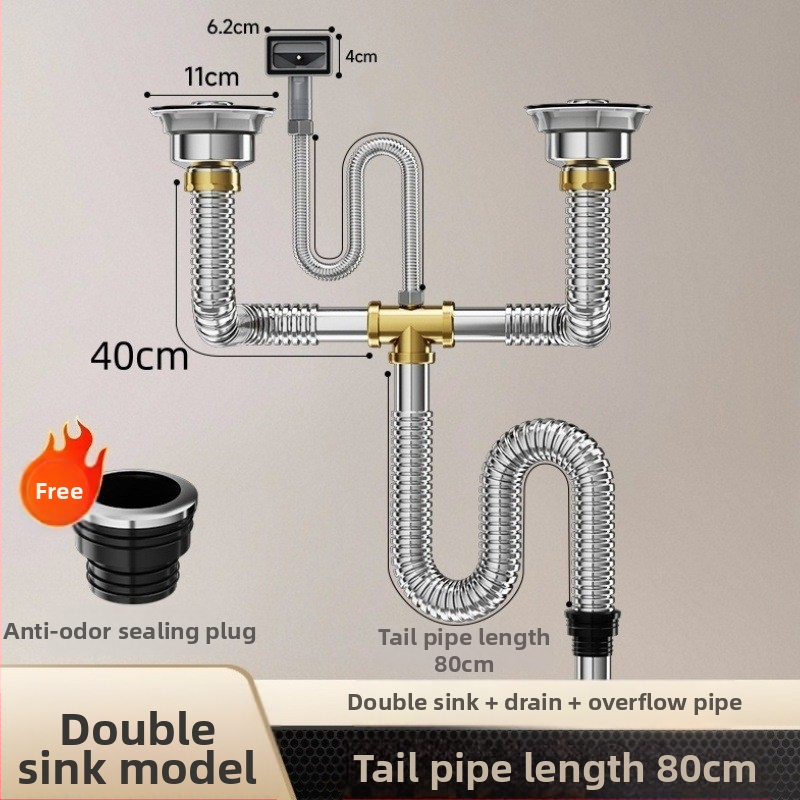 Комплект против миризма на кухненската мивка — 304 неръждаема стомана, система за дренаж за двойна мивка с филтър и водопроводни аксесоари