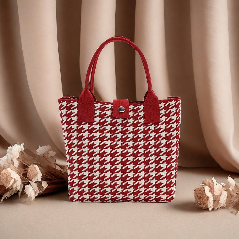 Πλεκτή τσάντα Tote με μεγάλη χωρητικότητα, πολυεστέρας, κάθετης τετράγωνης μορφής, εξωτερική τσάντα με καπάκι, εσωτερική θήκη για κινητό και θήκη για φορητό υπολογιστή