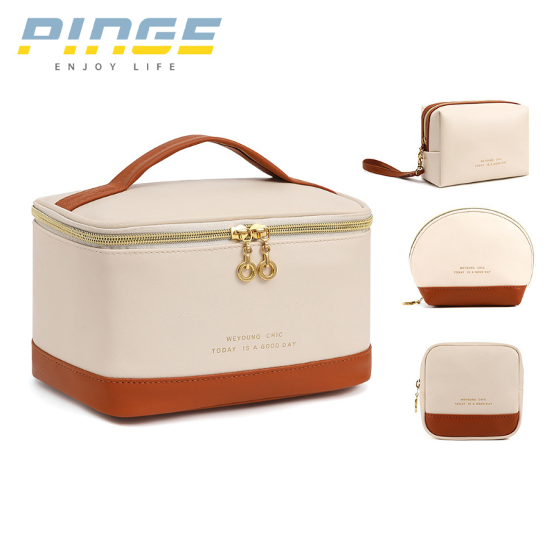 Geantă cosmetică PU patchwork, capacitate mare, gentuță portabilă pentru îngrijire a pielii, interior PU, pentru femei, lansare primăvara 2025