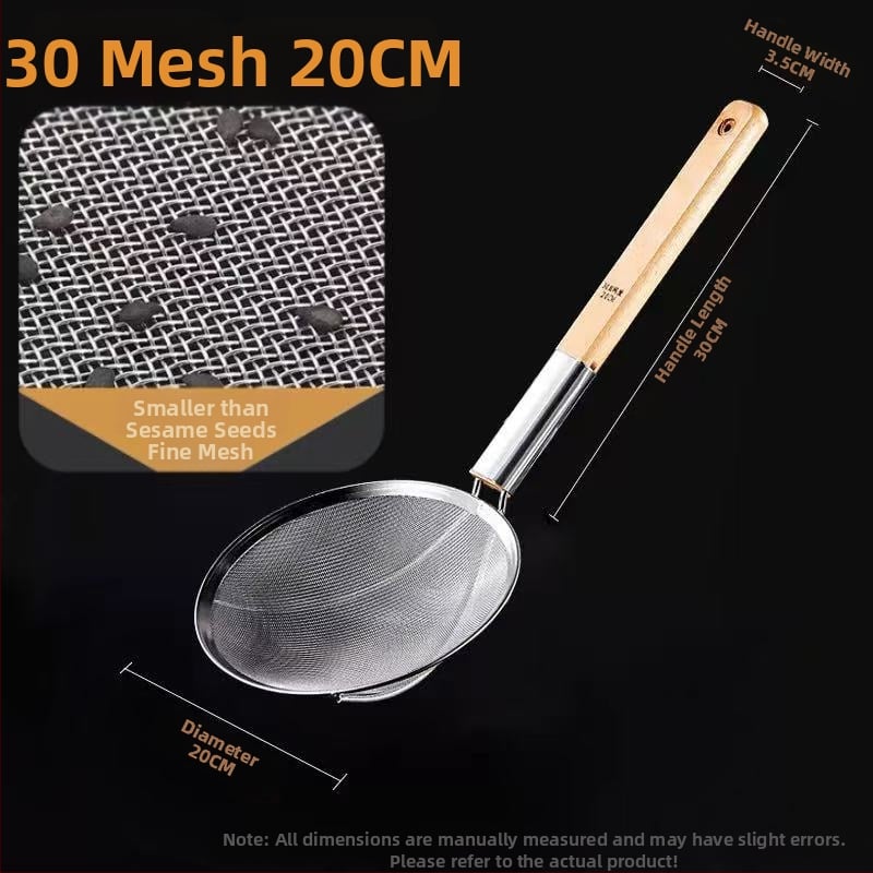 Ανοξείδωτο σουρωτήρι τηγανίσματος με ξύλινη λαβή και λεπτό πλέγμα