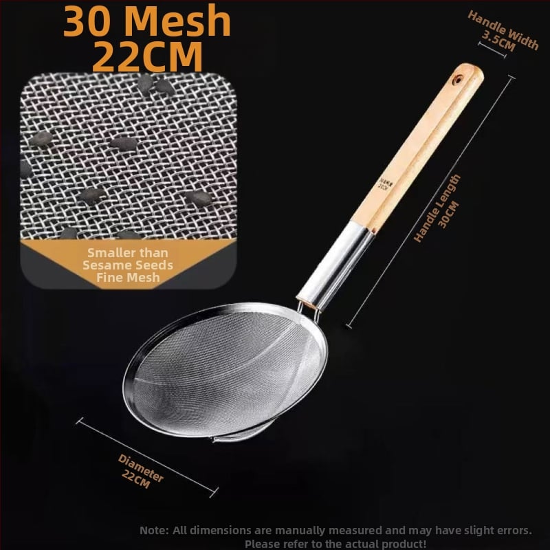Ανοξείδωτο σουρωτήρι τηγανίσματος με ξύλινη λαβή και λεπτό πλέγμα
