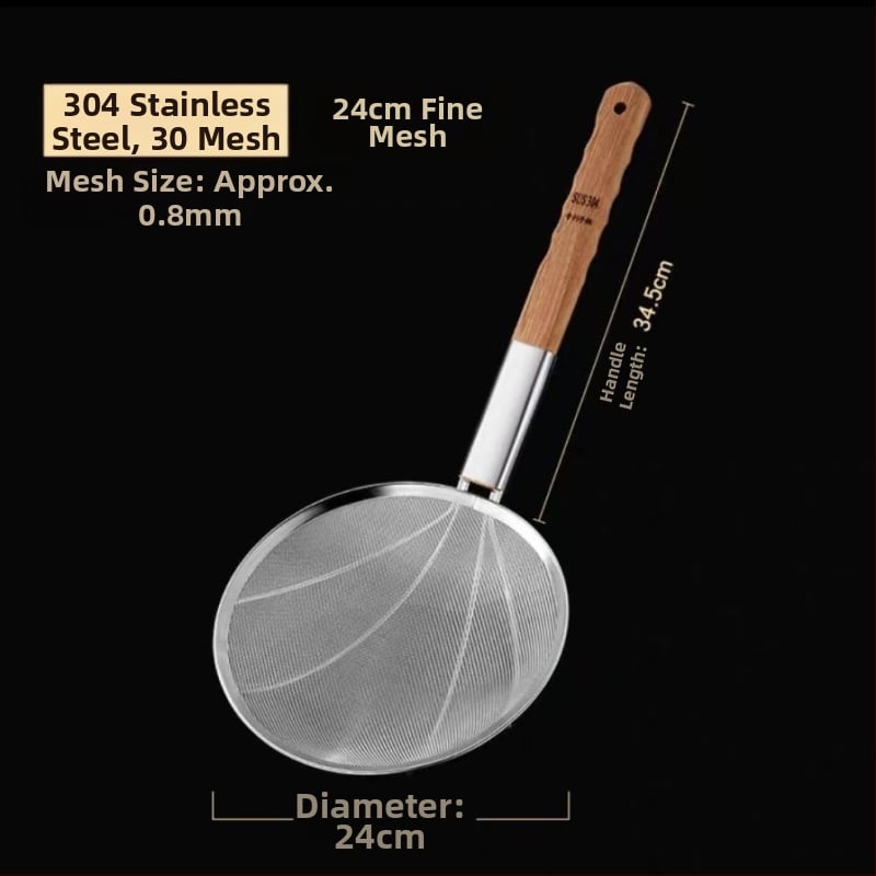 Ανοξείδωτο σουρωτήρι τηγανίσματος με ξύλινη λαβή και λεπτό πλέγμα