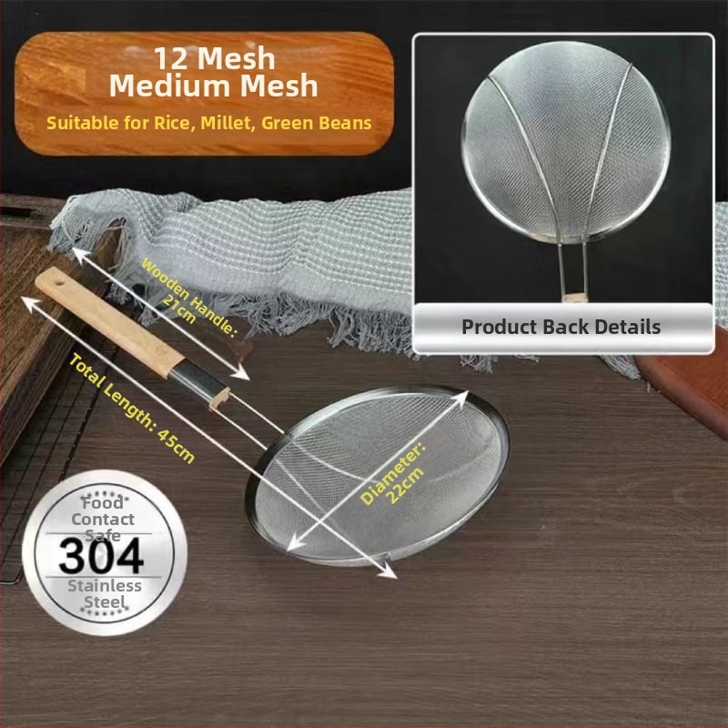 Ανοξείδωτο σουρωτήρι τηγανίσματος με ξύλινη λαβή και λεπτό πλέγμα