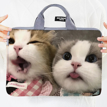 Geantă pentru laptop cu design extensibil, exterior poliester-bumbac, imprimeu Hello Kitty cu motif animal, în stil dosar cu mâner