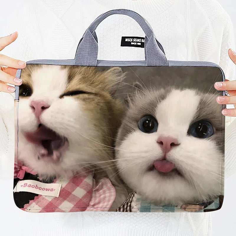 Geantă pentru laptop cu design extensibil, exterior poliester-bumbac, imprimeu Hello Kitty cu motif animal, în stil dosar cu mâner