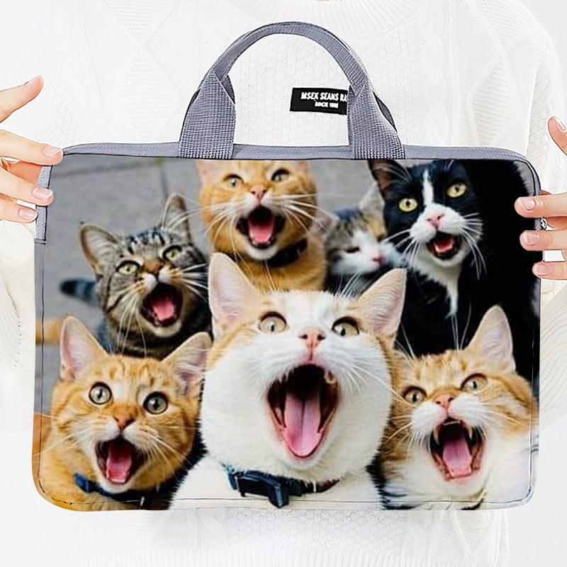 Geantă pentru laptop cu design extensibil, exterior poliester-bumbac, imprimeu Hello Kitty cu motif animal, în stil dosar cu mâner