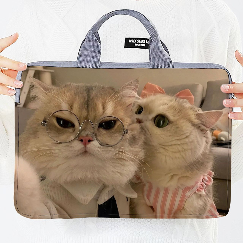 Geantă pentru laptop cu design extensibil, exterior poliester-bumbac, imprimeu Hello Kitty cu motif animal, în stil dosar cu mâner