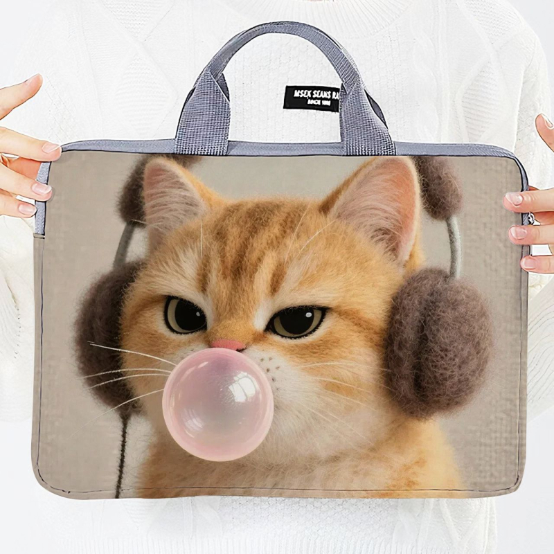 Geantă pentru laptop cu design extensibil, exterior poliester-bumbac, imprimeu Hello Kitty cu motif animal, în stil dosar cu mâner