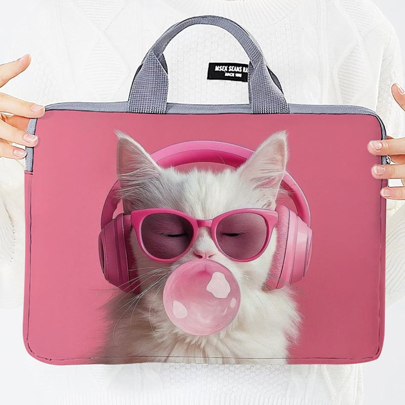 Geantă pentru laptop cu design extensibil, exterior poliester-bumbac, imprimeu Hello Kitty cu motif animal, în stil dosar cu mâner