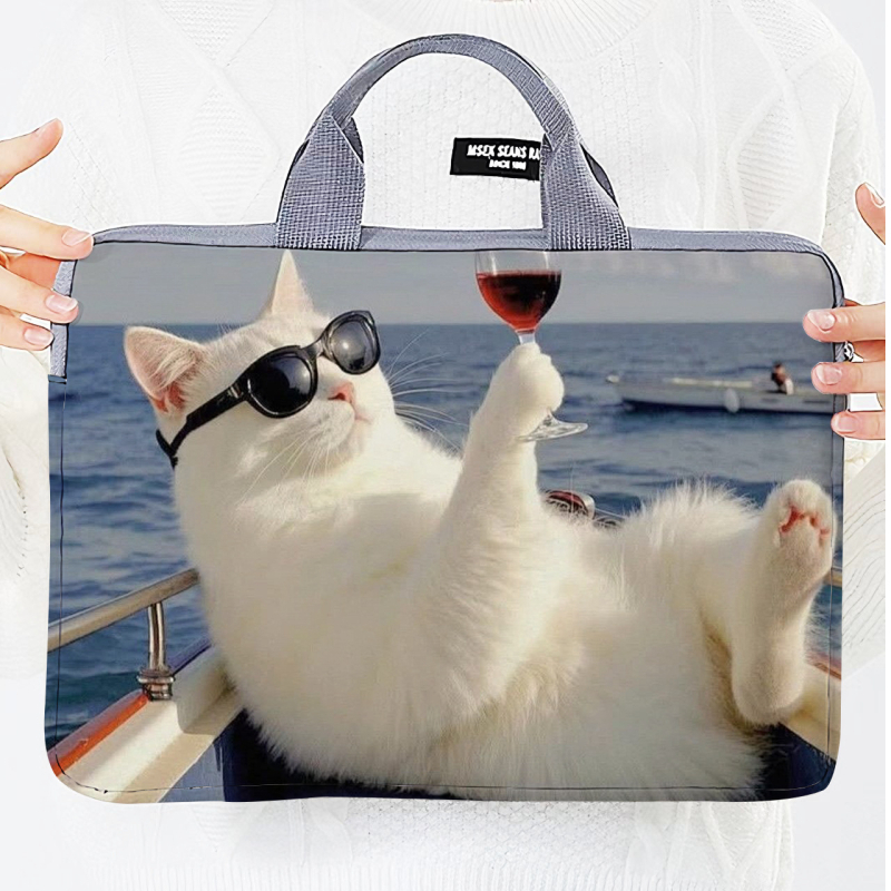 Geantă pentru laptop cu design extensibil, exterior poliester-bumbac, imprimeu Hello Kitty cu motif animal, în stil dosar cu mâner