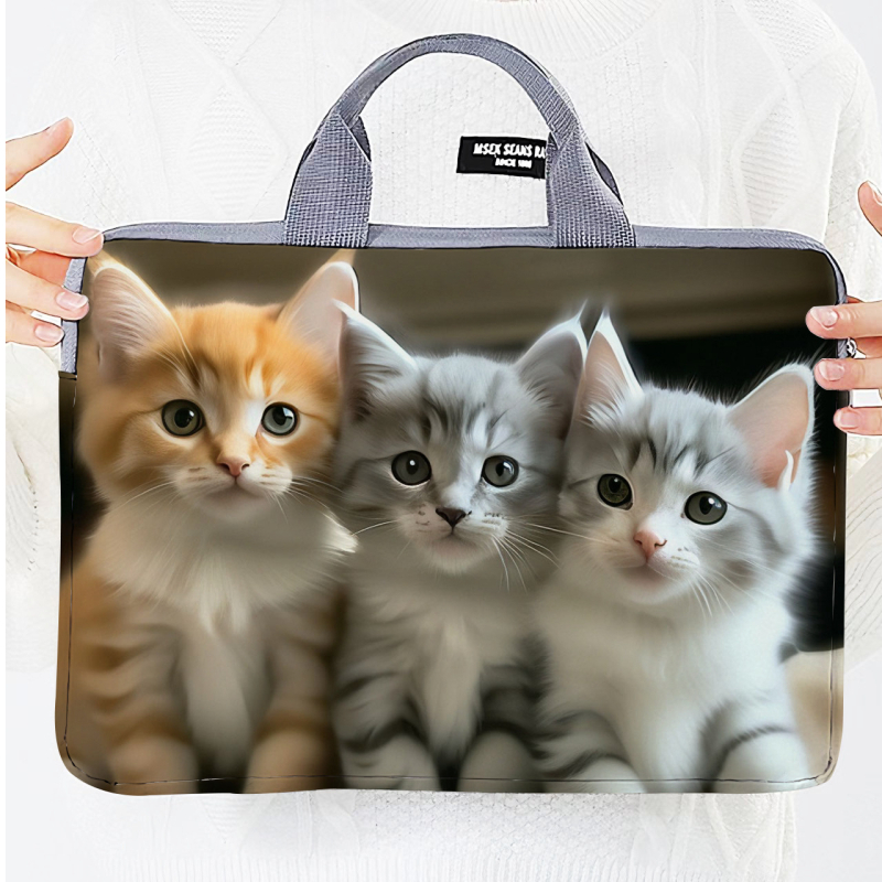 Geantă pentru laptop cu design extensibil, exterior poliester-bumbac, imprimeu Hello Kitty cu motif animal, în stil dosar cu mâner