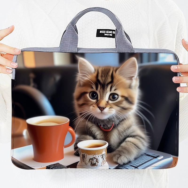 Geantă pentru laptop cu design extensibil, exterior poliester-bumbac, imprimeu Hello Kitty cu motif animal, în stil dosar cu mâner