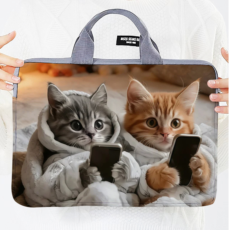 Geantă pentru laptop cu design extensibil, exterior poliester-bumbac, imprimeu Hello Kitty cu motif animal, în stil dosar cu mâner