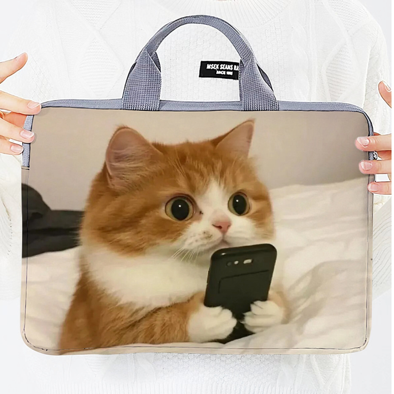 Geantă pentru laptop cu design extensibil, exterior poliester-bumbac, imprimeu Hello Kitty cu motif animal, în stil dosar cu mâner