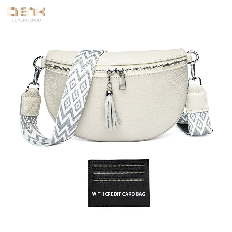 Dámska taška z pravej kože, Saddle štýl, tvar mušle, zapínanie na zips, vnútorné vrecká: zipové vrecko, vrecko na telefón, vrecko na identifikačný preukaz