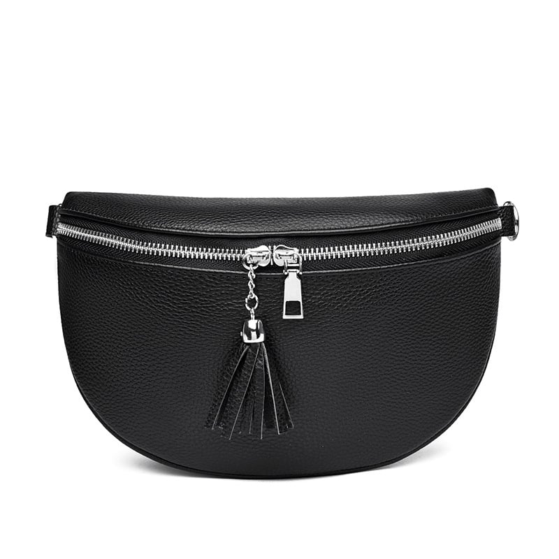 Dámska taška z pravej kože, Saddle štýl, tvar mušle, zapínanie na zips, vnútorné vrecká: zipové vrecko, vrecko na telefón, vrecko na identifikačný preukaz