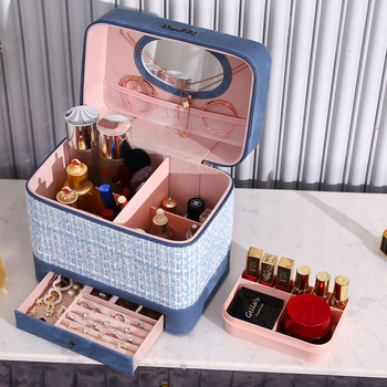 Козметична чанта за съхранение, деним, каре модел, цип, универсални колела, за дома