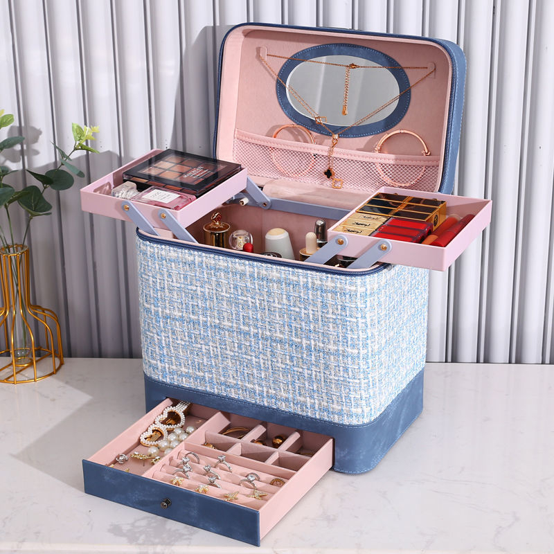 Козметична чанта за съхранение, деним, каре модел, цип, универсални колела, за дома