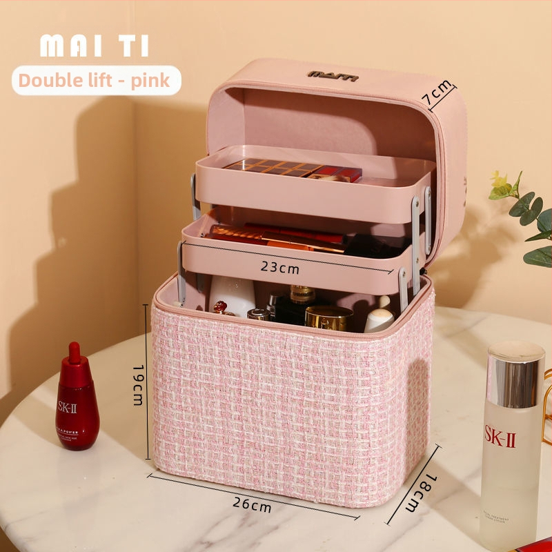 Козметична чанта за съхранение, деним, каре модел, цип, универсални колела, за дома