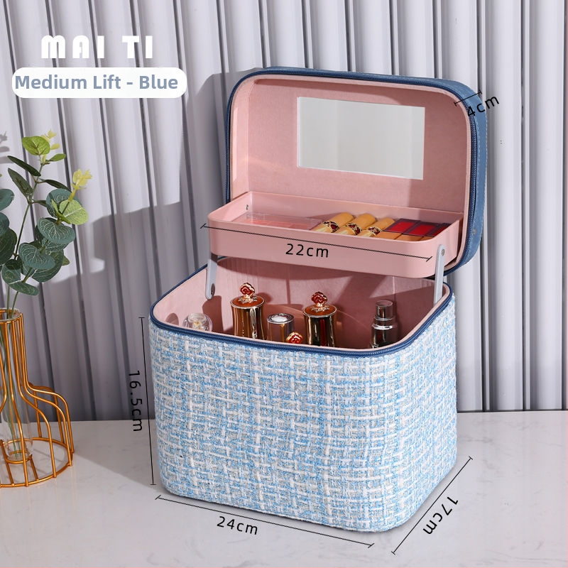 Козметична чанта за съхранение, деним, каре модел, цип, универсални колела, за дома