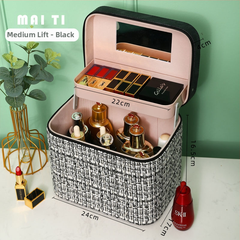 Козметична чанта за съхранение, деним, каре модел, цип, универсални колела, за дома