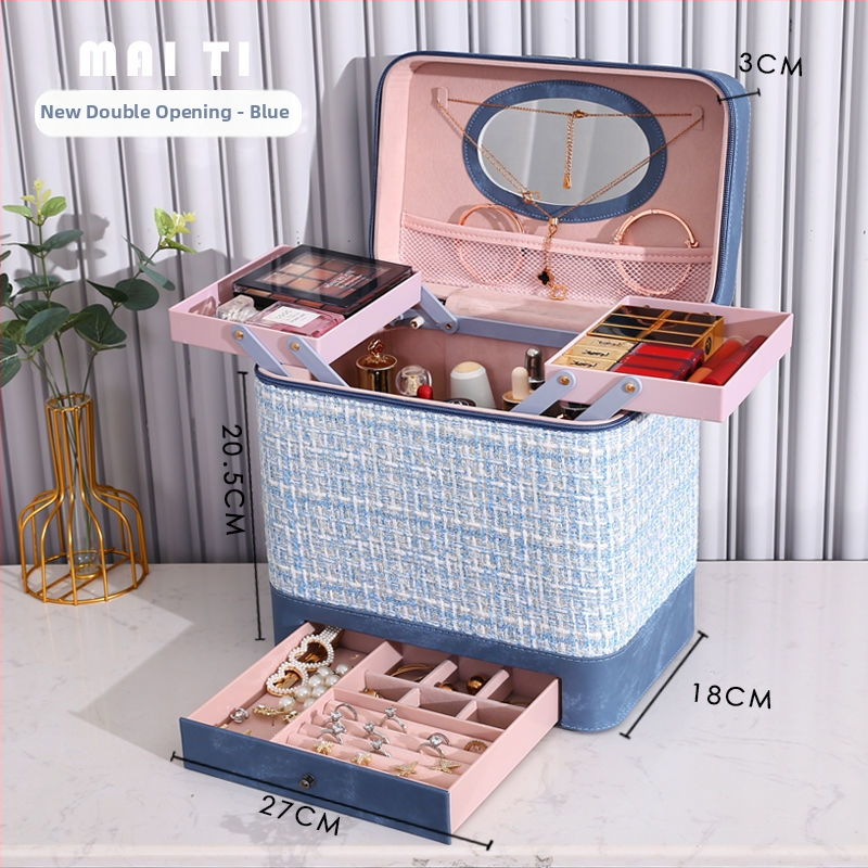 Козметична чанта за съхранение, деним, каре модел, цип, универсални колела, за дома