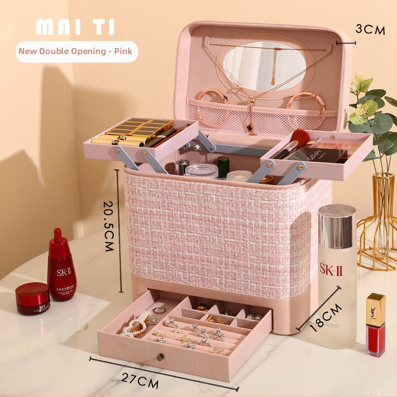 Козметична чанта за съхранение, деним, каре модел, цип, универсални колела, за дома