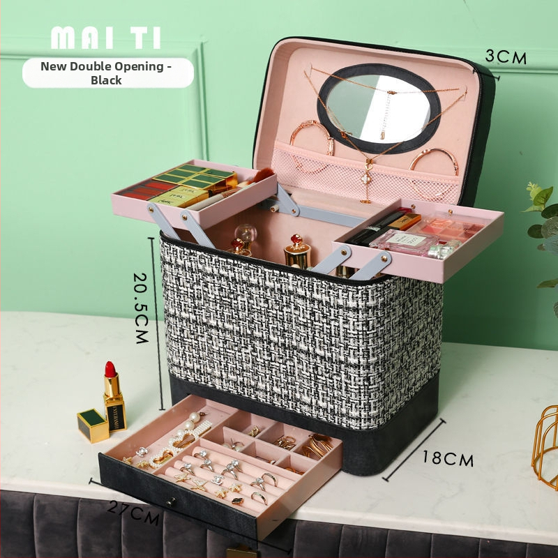 Козметична чанта за съхранение, деним, каре модел, цип, универсални колела, за дома