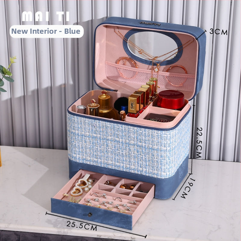 Козметична чанта за съхранение, деним, каре модел, цип, универсални колела, за дома