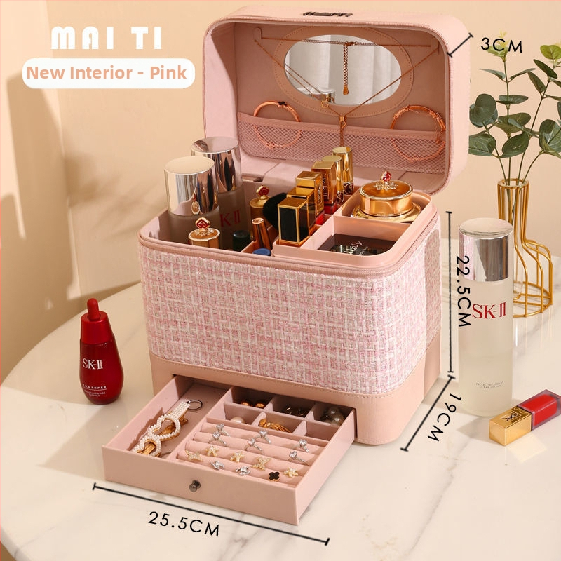 Козметична чанта за съхранение, деним, каре модел, цип, универсални колела, за дома