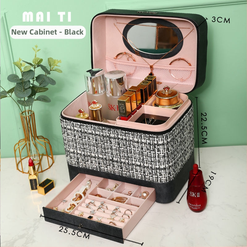 Козметична чанта за съхранение, деним, каре модел, цип, универсални колела, за дома