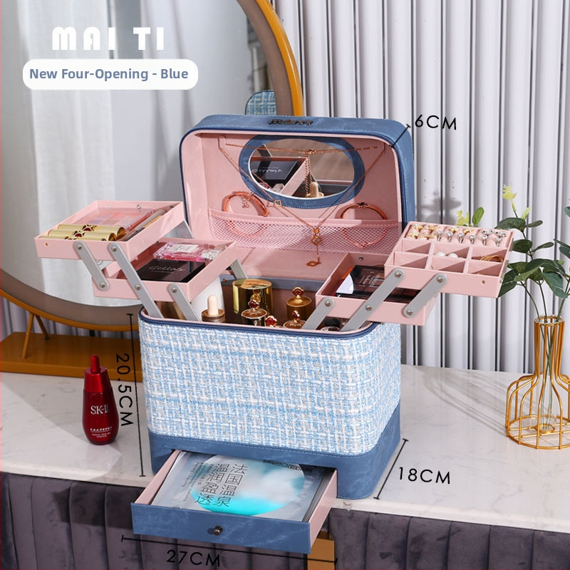 Козметична чанта за съхранение, деним, каре модел, цип, универсални колела, за дома