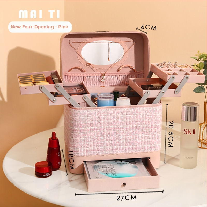 Козметична чанта за съхранение, деним, каре модел, цип, универсални колела, за дома