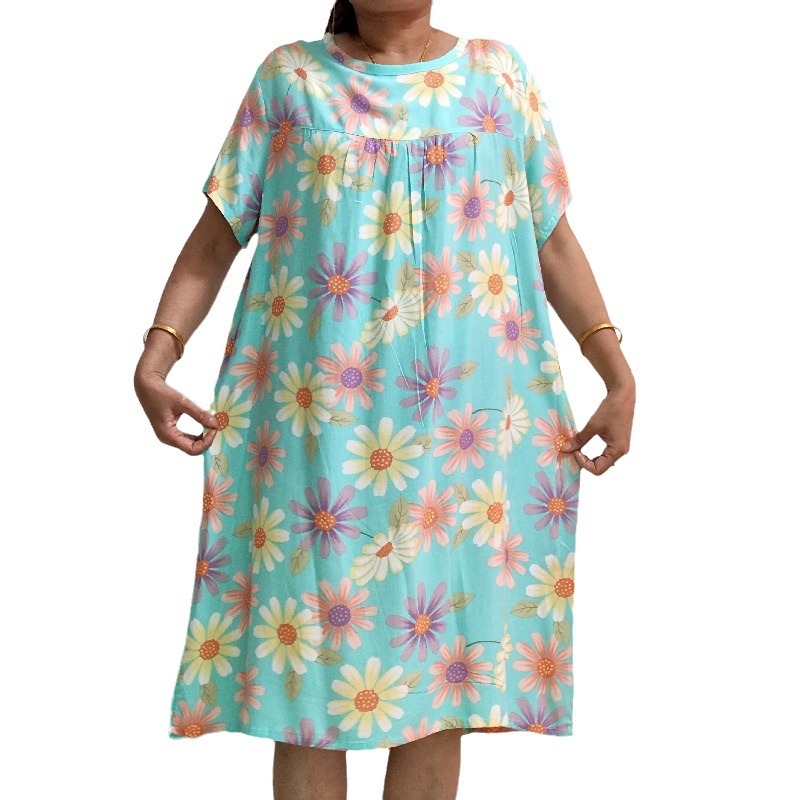 Flóra šaty z bavlno-saténovej látky, midi dĺžka, krátke rukávy, kruhový výstrih, ľahké a voľné