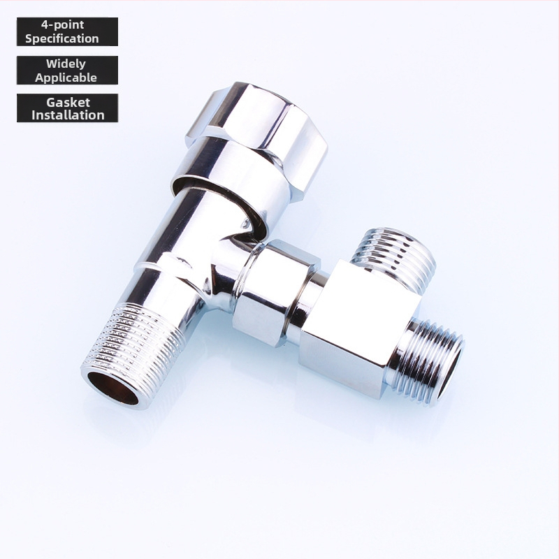 Meďový trojramenný uhlový ventil s jedným vstupom a dvomi výstupmi, chrómovaný povrch, montáž: živé pripojenie, prevádzková teplota 10–120°C, pre vodu, Buller