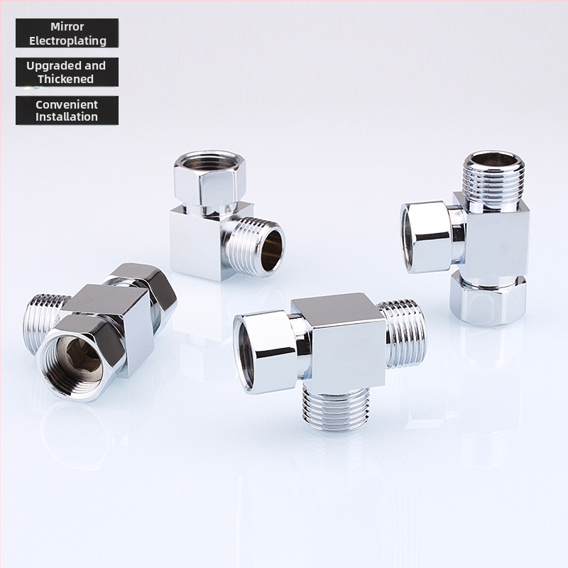 Meďový trojramenný uhlový ventil s jedným vstupom a dvomi výstupmi, chrómovaný povrch, montáž: živé pripojenie, prevádzková teplota 10–120°C, pre vodu, Buller