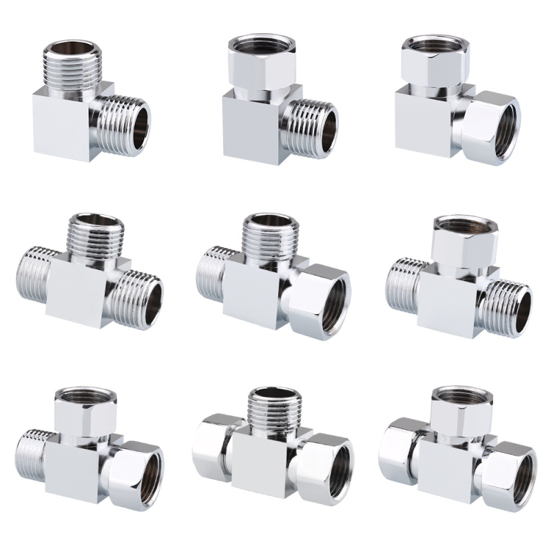 Meďový trojramenný uhlový ventil s jedným vstupom a dvomi výstupmi, chrómovaný povrch, montáž: živé pripojenie, prevádzková teplota 10–120°C, pre vodu, Buller