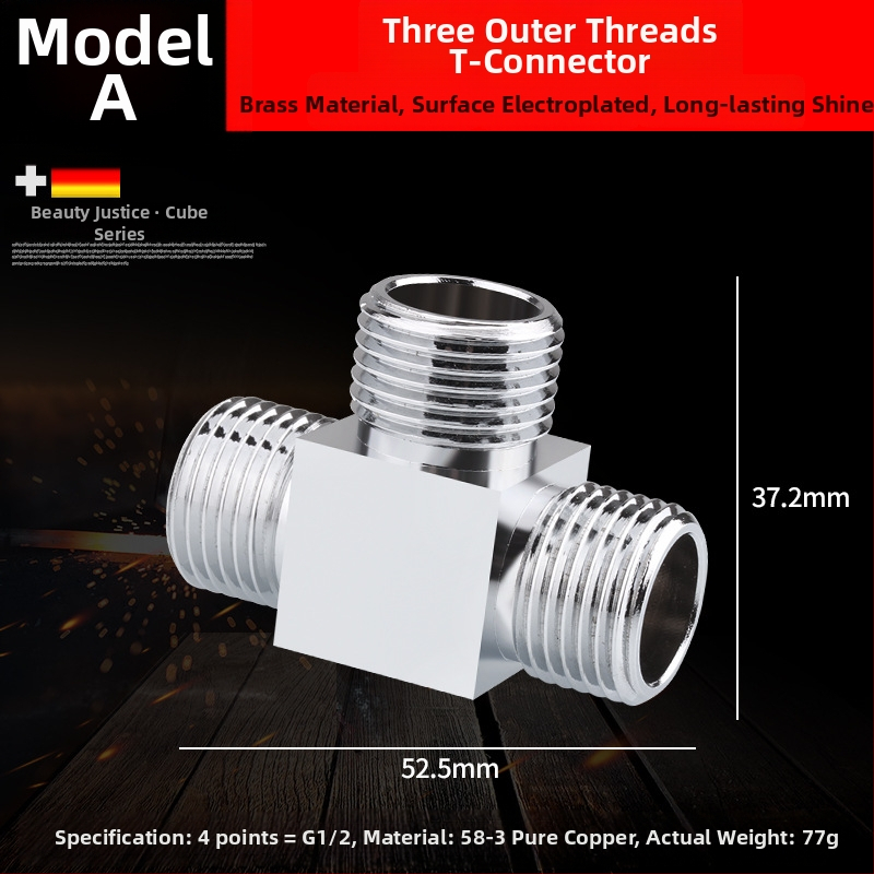 Meďový trojramenný uhlový ventil s jedným vstupom a dvomi výstupmi, chrómovaný povrch, montáž: živé pripojenie, prevádzková teplota 10–120°C, pre vodu, Buller