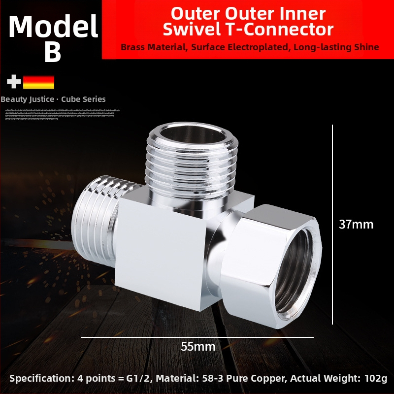 Meďový trojramenný uhlový ventil s jedným vstupom a dvomi výstupmi, chrómovaný povrch, montáž: živé pripojenie, prevádzková teplota 10–120°C, pre vodu, Buller