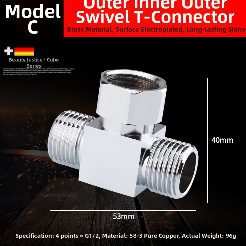 Meďový trojramenný uhlový ventil s jedným vstupom a dvomi výstupmi, chrómovaný povrch, montáž: živé pripojenie, prevádzková teplota 10–120°C, pre vodu, Buller