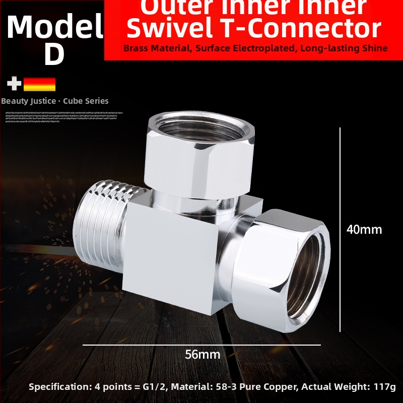 Meďový trojramenný uhlový ventil s jedným vstupom a dvomi výstupmi, chrómovaný povrch, montáž: živé pripojenie, prevádzková teplota 10–120°C, pre vodu, Buller