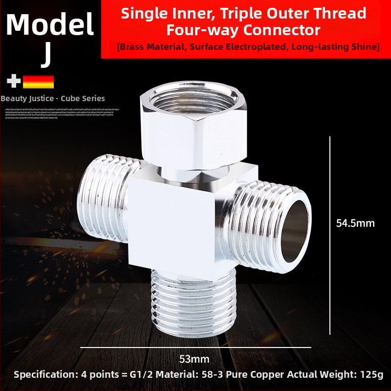 Meďový trojramenný uhlový ventil s jedným vstupom a dvomi výstupmi, chrómovaný povrch, montáž: živé pripojenie, prevádzková teplota 10–120°C, pre vodu, Buller