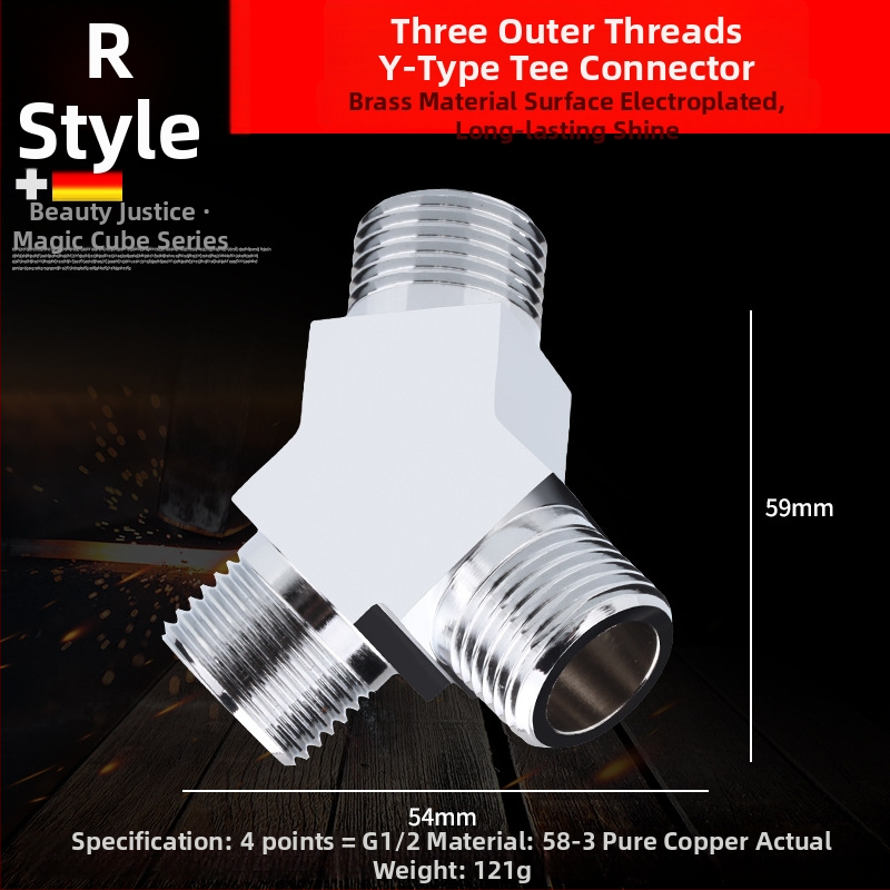 Meďový trojramenný uhlový ventil s jedným vstupom a dvomi výstupmi, chrómovaný povrch, montáž: živé pripojenie, prevádzková teplota 10–120°C, pre vodu, Buller