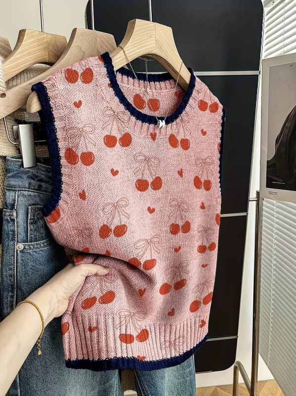 Kötött, nélküli ujjú mellény kockás mintával – poliészter, kerek nyak, szabályos hossz, retro stílus